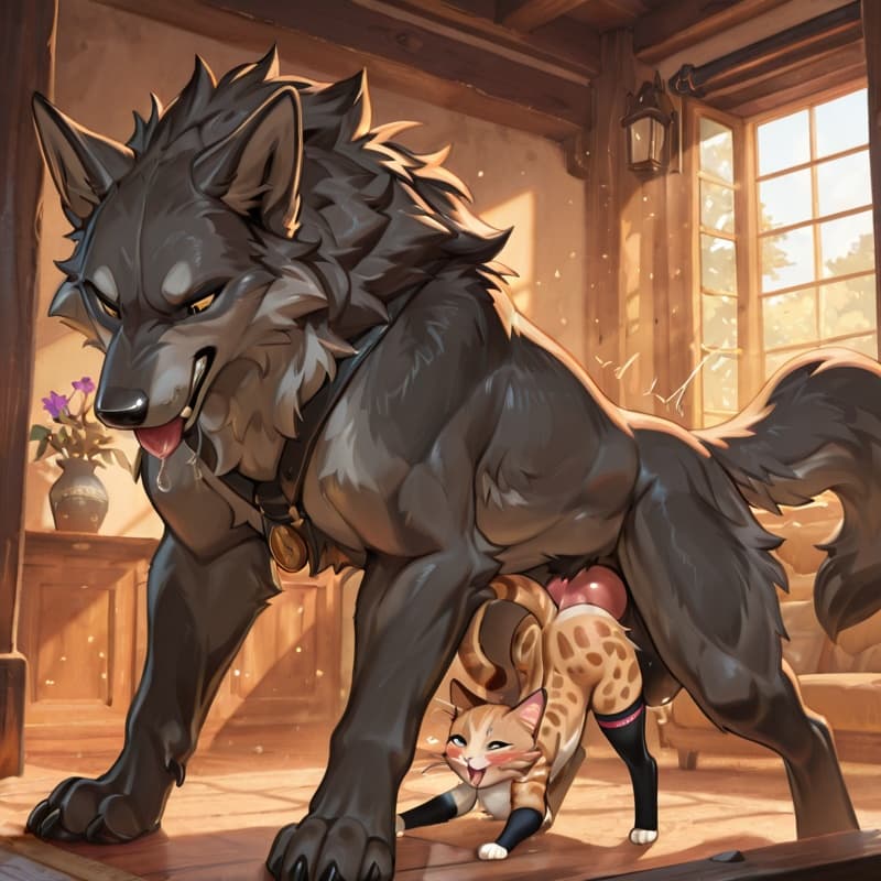 (Male wolf big_penis (feral:1.3)), +(female cat (feral:1.3)), male_penetrating, female_penetrated, fully_inside, larger_male, (extreme_size_difference:1.3), (extreme_penetration:1.3), vaginal_knotting