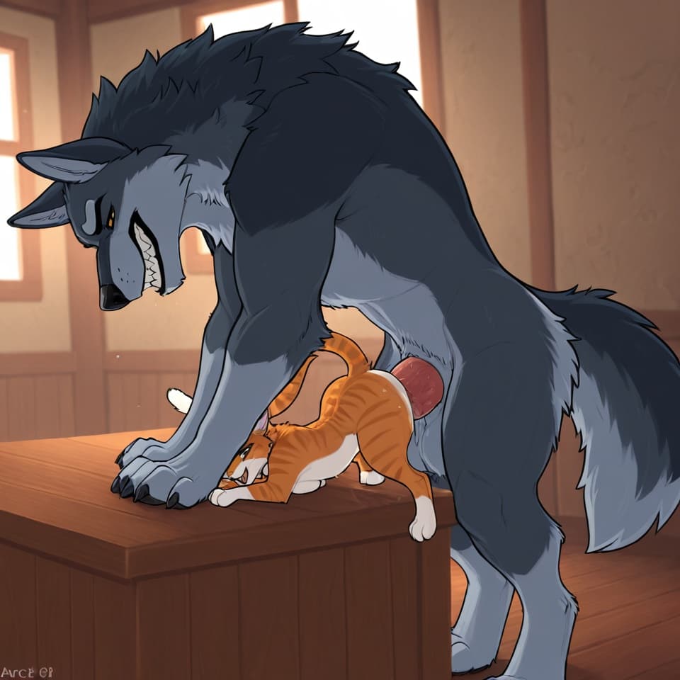 (Male wolf big_penis (feral:1.3)), +(female cat (feral:1.3)), male_penetrating, female_penetrated, fully_inside, larger_male, (extreme_size_difference:1.3), (extreme_penetration:1.3),