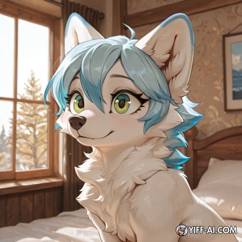 Solo arctic fox, blue hair, green eyes, bedroom_eyes, bedroom, 