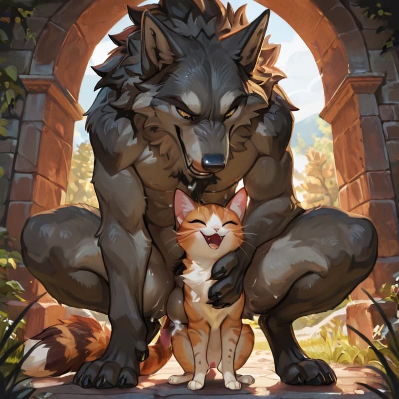  male wolf, squatting , (female_cat), penetration, size_difference, larger_male, balls_deep,  (playful:1.3), (happy_sex:1.3), (feral_female:1.3), (feral_penetrated:1.3), vulva