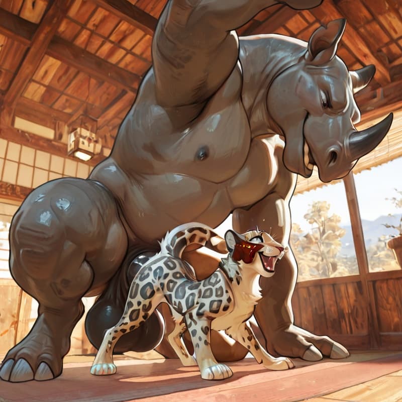 , male rhino, (female_leopard ), penetration, (extreme_size_difference:1.3), size_difference, larger_male, balls_deep, (playful:1.3), (happy_sex:1.3), (feral_penetrated:1.3), vulva, 