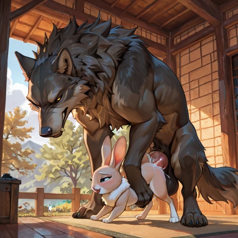 (Male wolf, big_penis, (feral:1.3)), +(female rabbit (feral:1.3)), male_penetrating, female_penetrated, fully_inside, size_difference, larger_male, extreme_size_difference, extreme_penetration,