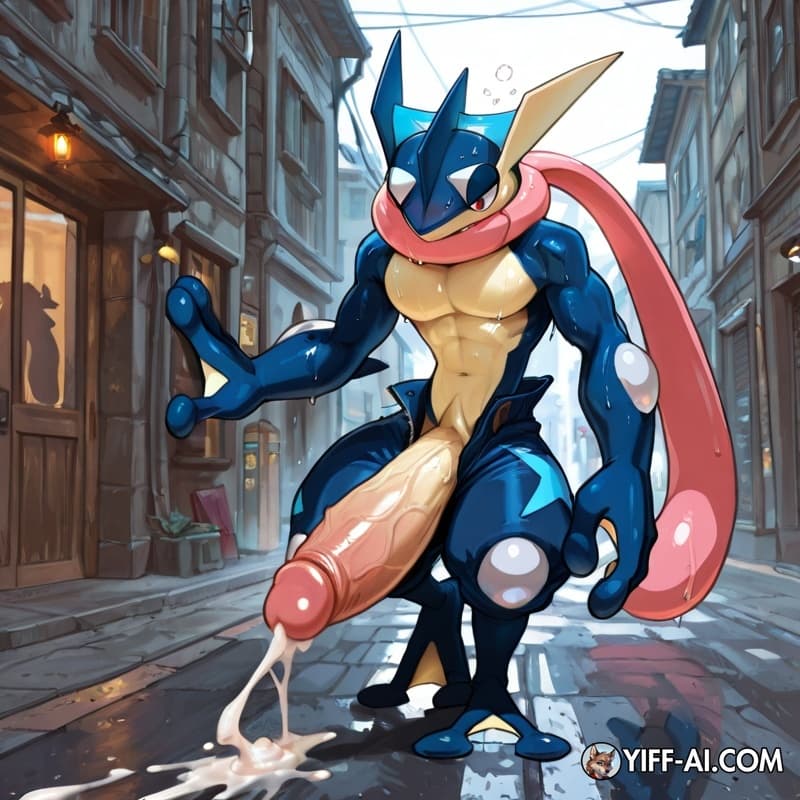 Male_greninja, muscular_anthro, big_hands, big_feet, hyper_genitalia, big_erection, street, walking,  sweat, leaking_cum, open_pants, exhausted, evil_grin, 