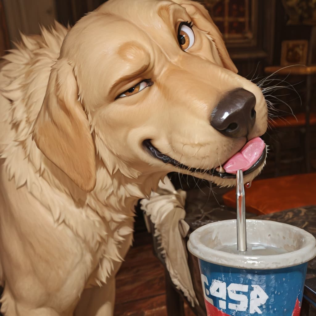 solo, feral, canid, dog, golden_labrador, oral, sucking_tip, looking_at_viewer, coy, smirking_at_viewer, 