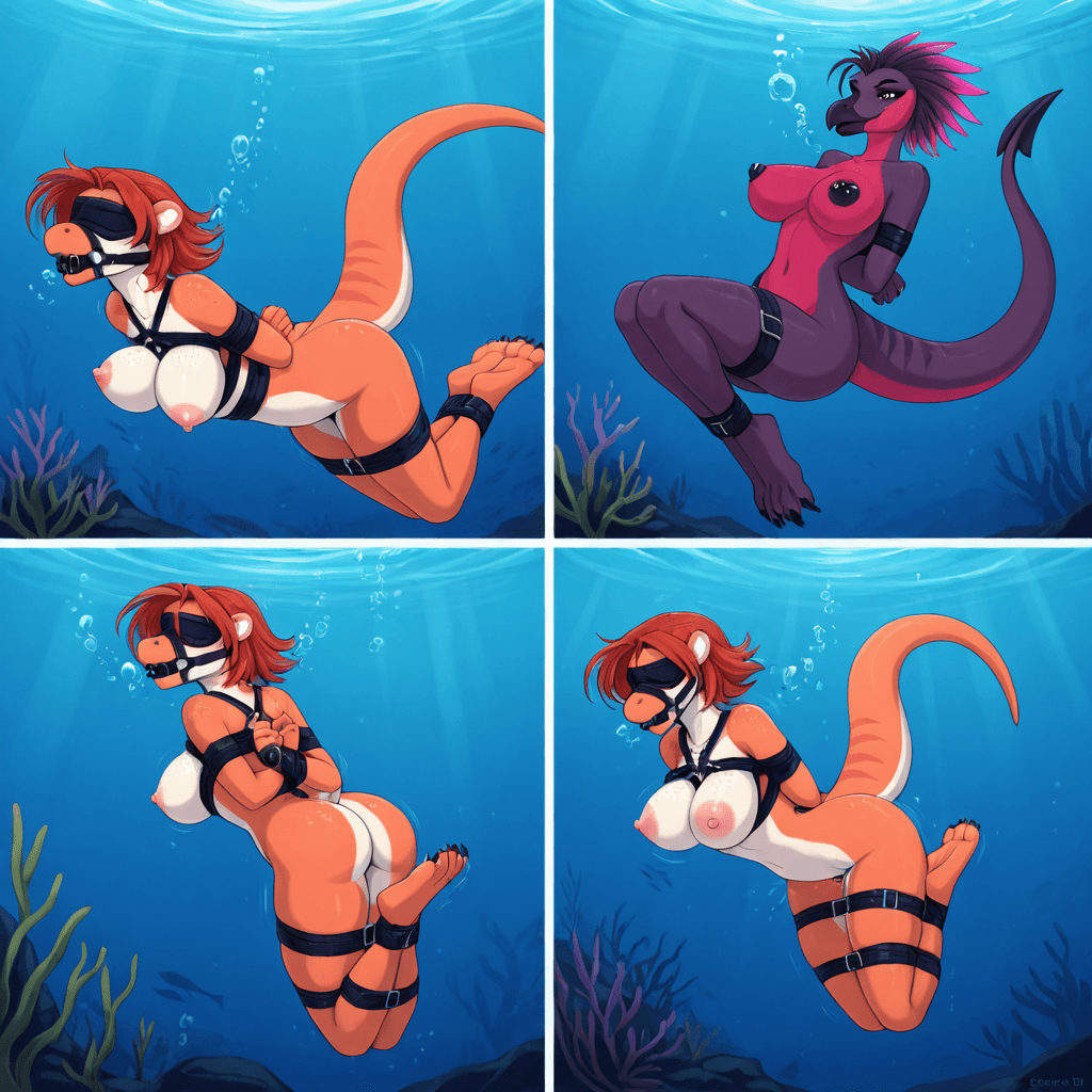 by spiritalpha Dinosaur, raptor, Female, nipple_piercing, vaginal genital_piercing, freckles big nipples, Leg_Belt, duo_focus, male/female,   Underwater, sinking, drowning, breast_squish, 5_panel_comi