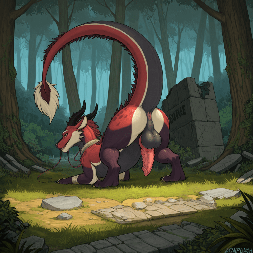 By Narse, By Tojo the thief, By Zonkpunch , Feral, eastern dragon , serpent, sheathed_tapering_penis, spiked_penis, testicles, solo_focus, butt, anus,  Forest, ruins, Playful, begging,