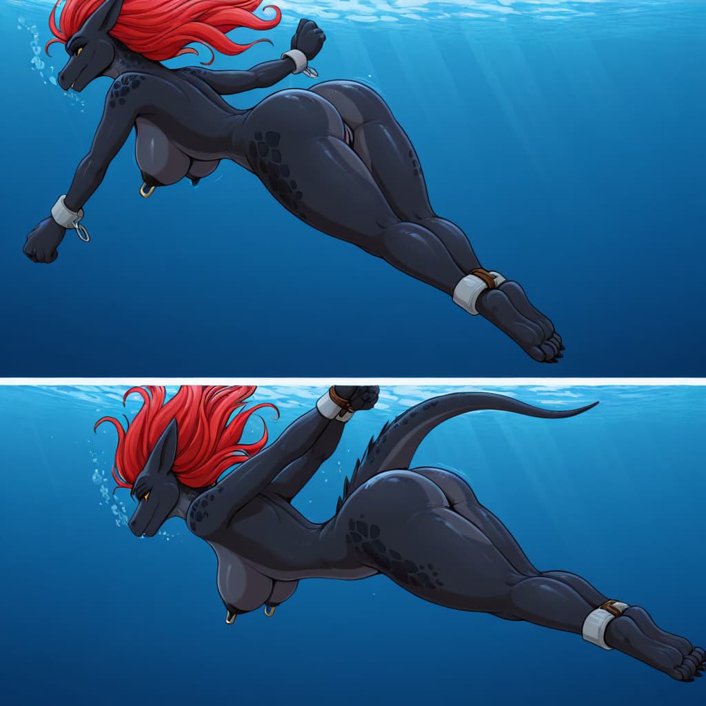 by fuzzy-britches, by narse, by chikiota, by byondrage dragon, black_scales, Black skin, big Black nipples, Red hair, black vagina, genital_piercing, , nipple_piercing, facial_piercing, pussy_tape, ni