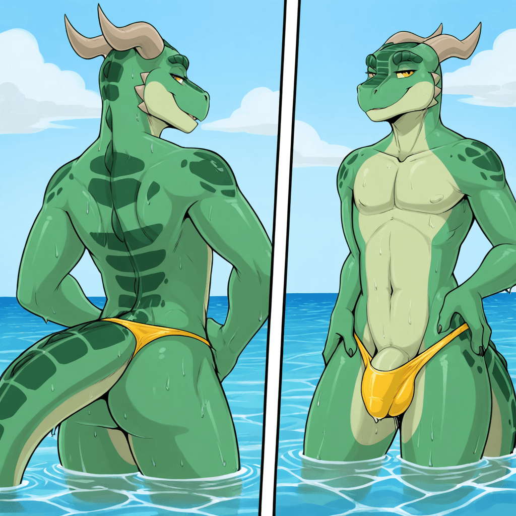 By NightFaux by Ben300 kobold, Lizard, Foreskin, Male , Thong, bulge, horns, long_penis, green_scales, short, older_male, average_Body solo_focus, Ocean, water, wet body, flood, sassy, 5_panel_comic, 