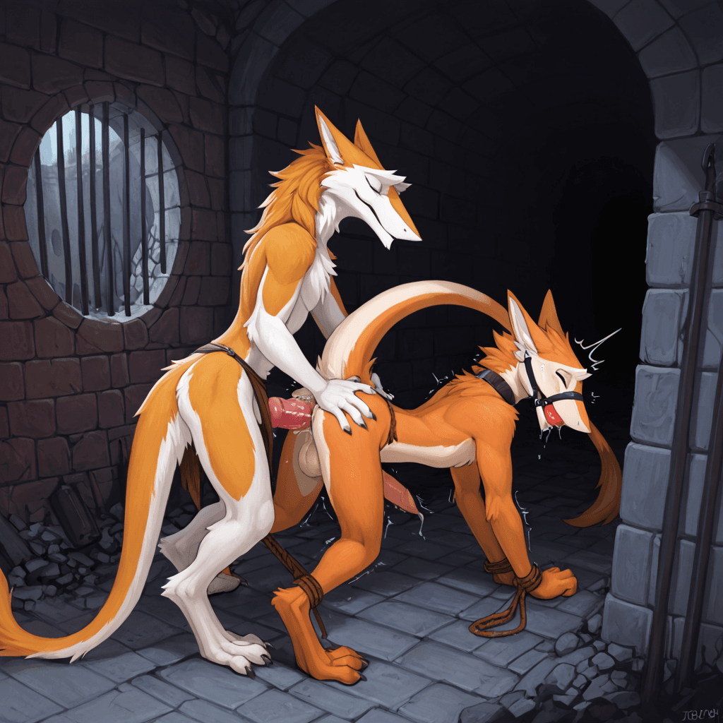 by jetshark, By klongi, by mick39 sergal, Long penis, sheathed_tapering_penis, spiked_penis, ineffective_loincloth, duo_focus, male/male, dungeon, bars, tunnel, ruins, darkness, molest, molestation,