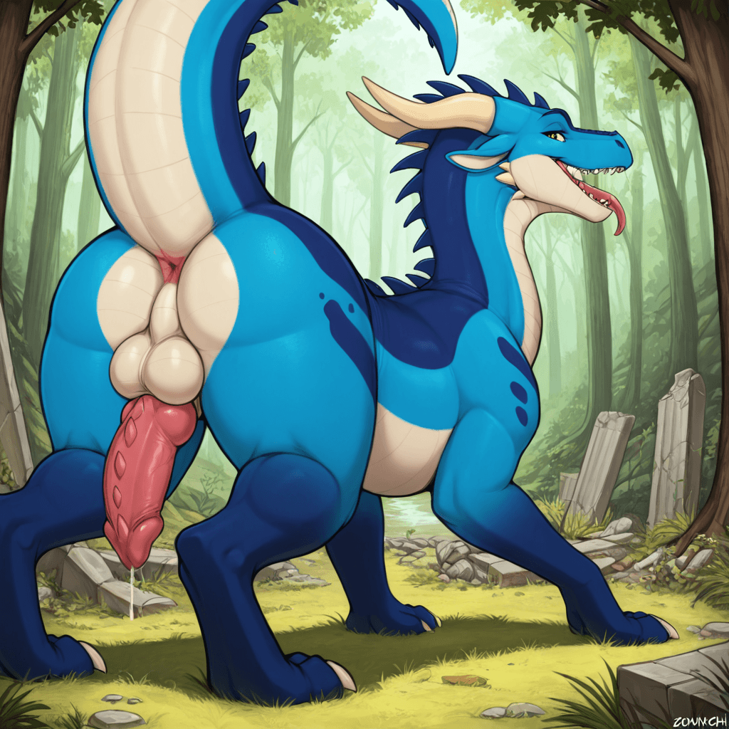 By Narse, By Tojo the thief, By Zonkpunch , Feral, dragon , sheathed_tapering_penis, spiked_penis, testicles, solo_focus, butt,  Forest, ruins, Playful, begging, precum, rimming_request,
