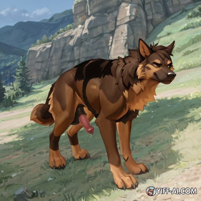 (feral showing off his avian penis:1.9),solo, feral, german_shepherd, animal_genitalia, animal_penis, hybrid_genitalia, hybrid_penis, avian_penis, penile_spines, 40_inch_penis, long_penis, saggy_balls