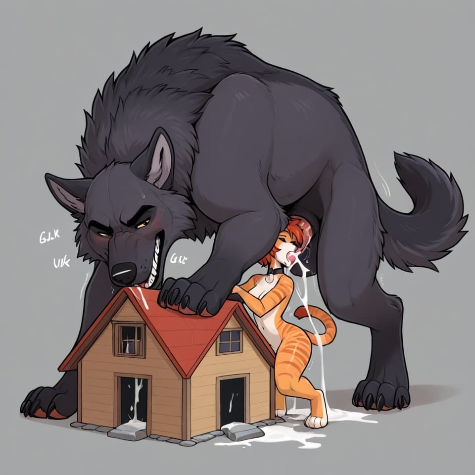 (Male wolf, huge, (feral:1.3), humanoid_penis), (female house_cat, (feral:1.3)), oral_penetration, feral_on_feral, feral_penetrating_feral, size_difference, larger_male, drinking_cum, male_penetrating
