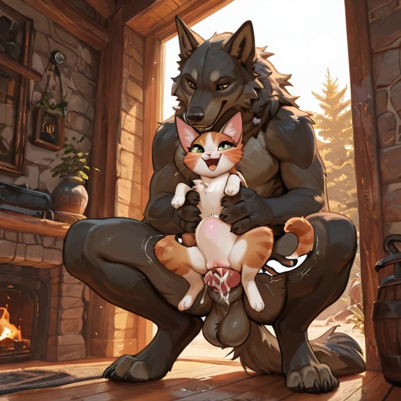  male wolf, squatting , (female_cat), penetration, (extreme_size_difference:1.3), size_difference, larger_male, (juvenile_female:1.3), balls_deep,  (younger_female:1.3), (playful:1.3), (happy_sex:1.3)