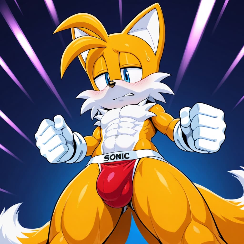 solo, anthro, fox, yellow_fur, sonic, nine_(sonic), male, muscular, abs, six-pack, 2_tails, white_gloves, jockstrap, detailed_bulge, medium_bulge, standing, full_body, three-quarter_view,