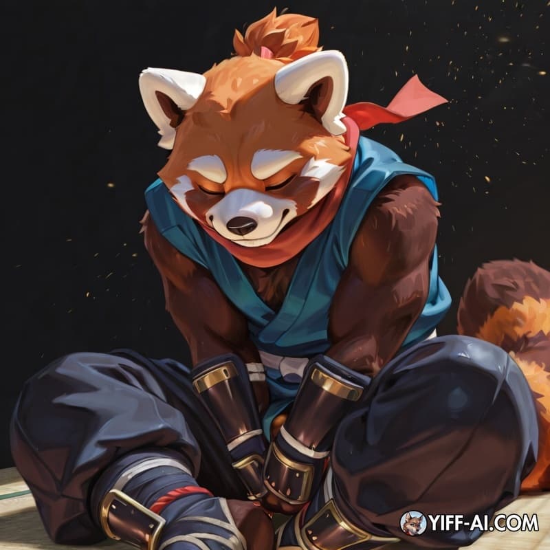 male, ninja, red_panda, mask, masturbation, sitting, simple_background, simple_coloring