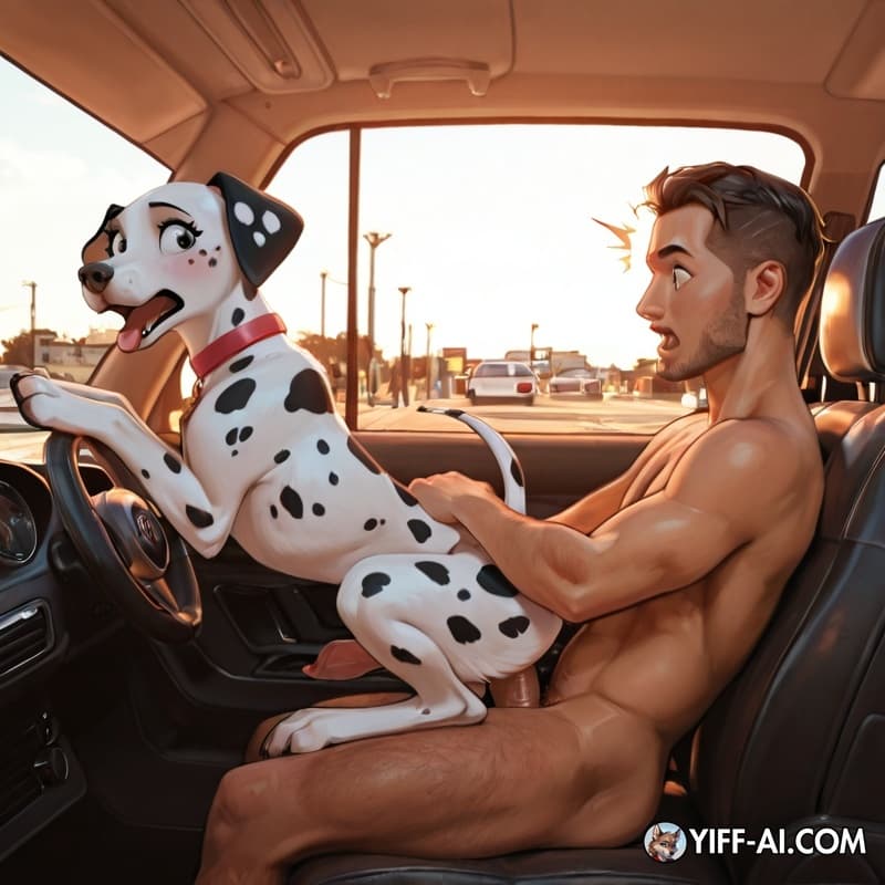 dog, feral, female, dalmatian, canid, animal_genitalia, slim, human, human_penetrating_feral, penis_in_ass, anal_penetration, sitting_on_lap, side_view, in_car, public_sex, traffic_jam, surprised_face