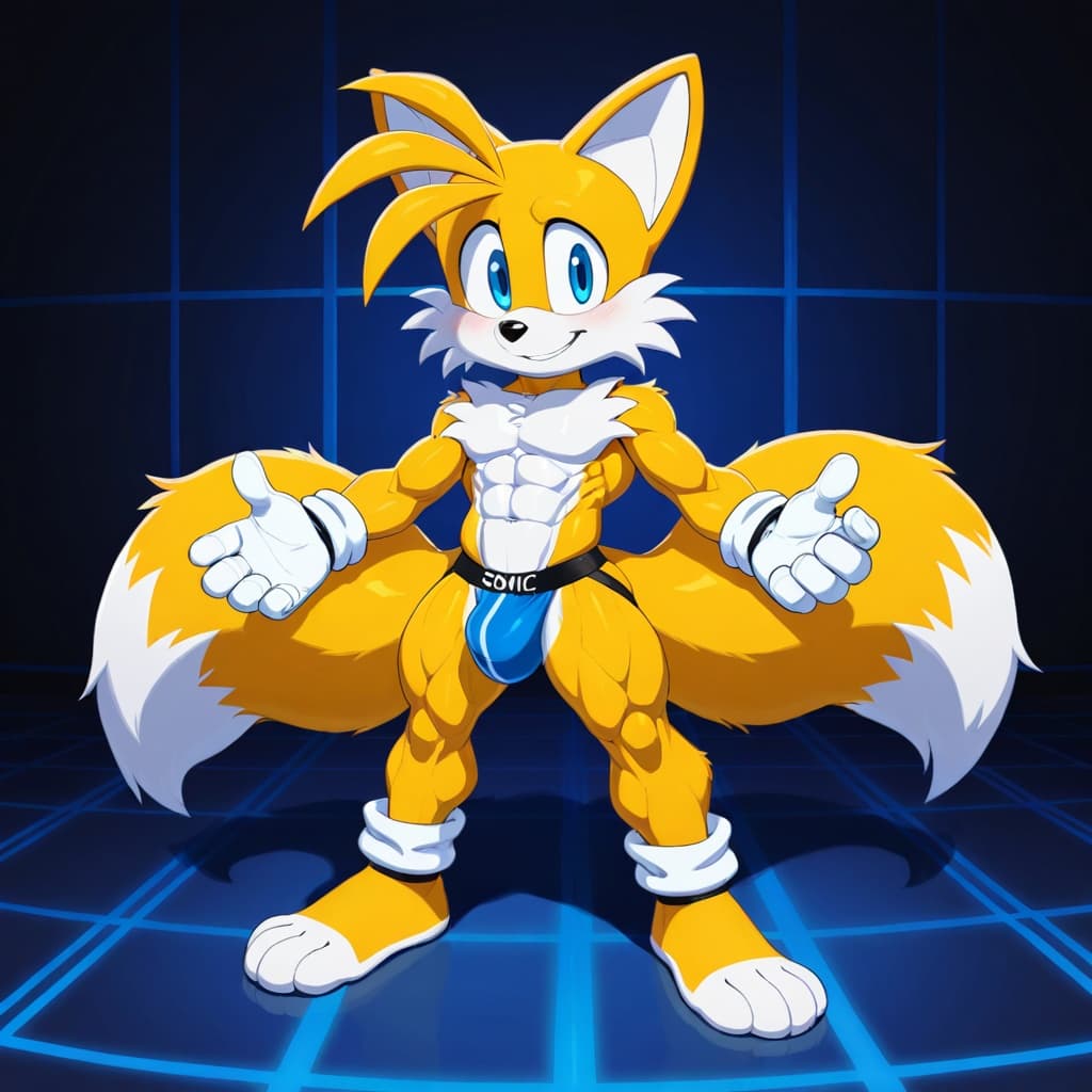 solo, anthro, fox, yellow_fur, Nine_(sonic), male, muscular, abs, six-pack, 2_tails, white_gloves, jockstrap, detailed_bulge, medium_bulge, standing, full_body, three-quarter_view, full body, 