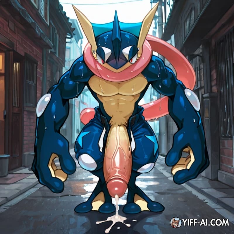 Male_greninja, muscular_anthro, big_hands, big_feet, hyper_genitalia, big_erection, street, walking,  sweat, leaking_cum, open_pants, exhausted, 