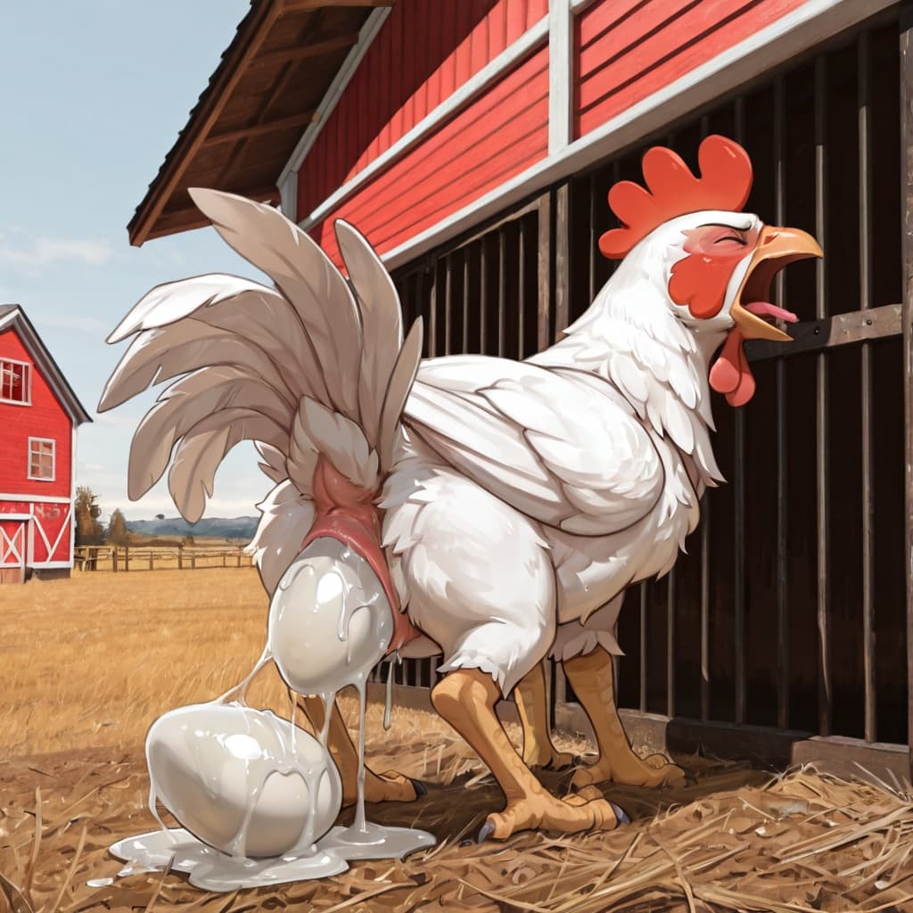 solo, (feral:1.3), avian, white_feathers, chicken, barn, outside,  oviposition, egg, egg_laying, straining, pain, presenting_hindquarters, screaming, 