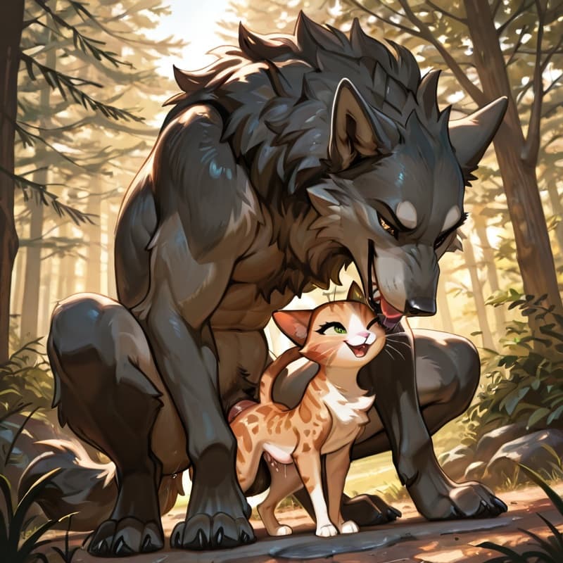  male wolf, squatting , (female_cat), penetration, (extreme_size_difference:1.3), size_difference, larger_male, (juvenile_female:1.3), balls_deep,  (younger_female:1.3), (playful:1.3), (happy_sex:1.3)