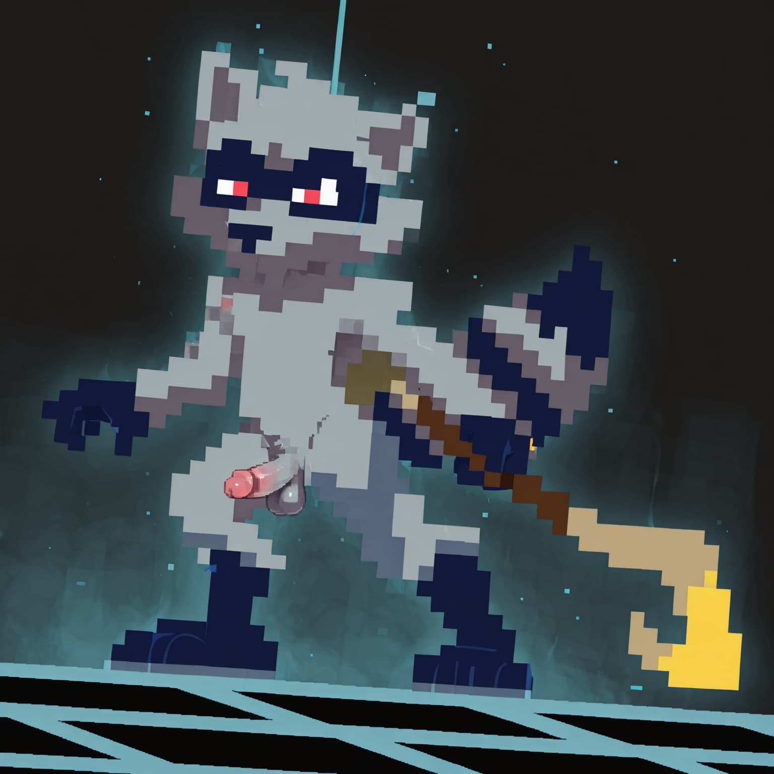 pixelated, pixel_art, solo, anthro, male, raccoon, sly_cooper, standing, pose, holding_staff, nude, penis, balls, 