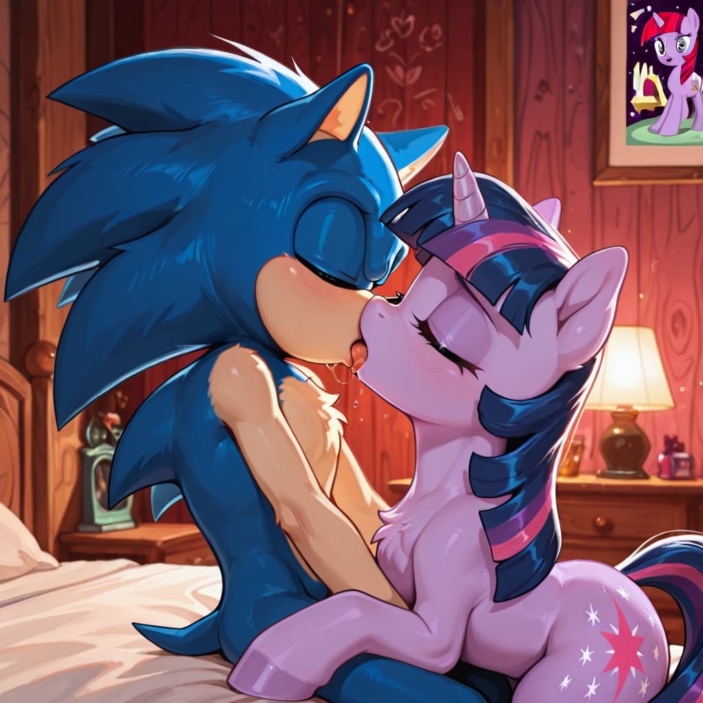 duo, male/female, anthro, pony, bedroom, feral, female, my_little_pony, twilight_sparkle_(mlp), purple_fur, blue_fur, male, anthro, hedgehog, sonic_the_hedgehog, kissing, french_kissing,