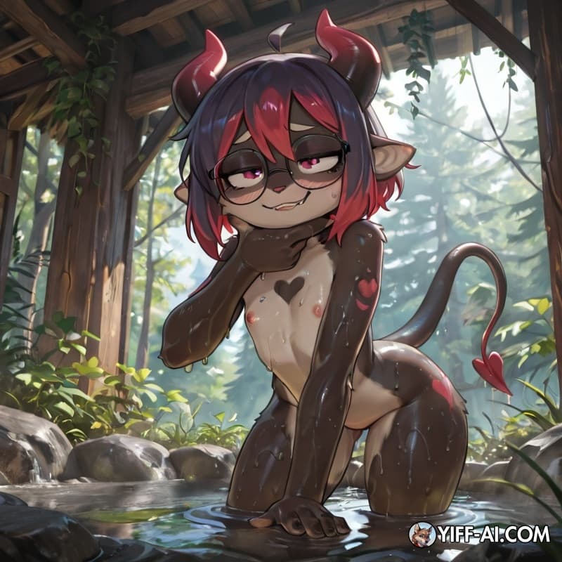 Naked ebony petite lithe flat chested teen woman wearing glasses with long dreads, being seduced by petite naked flat chested freckled redheaded white succubus girl holding her chin as she crawls out