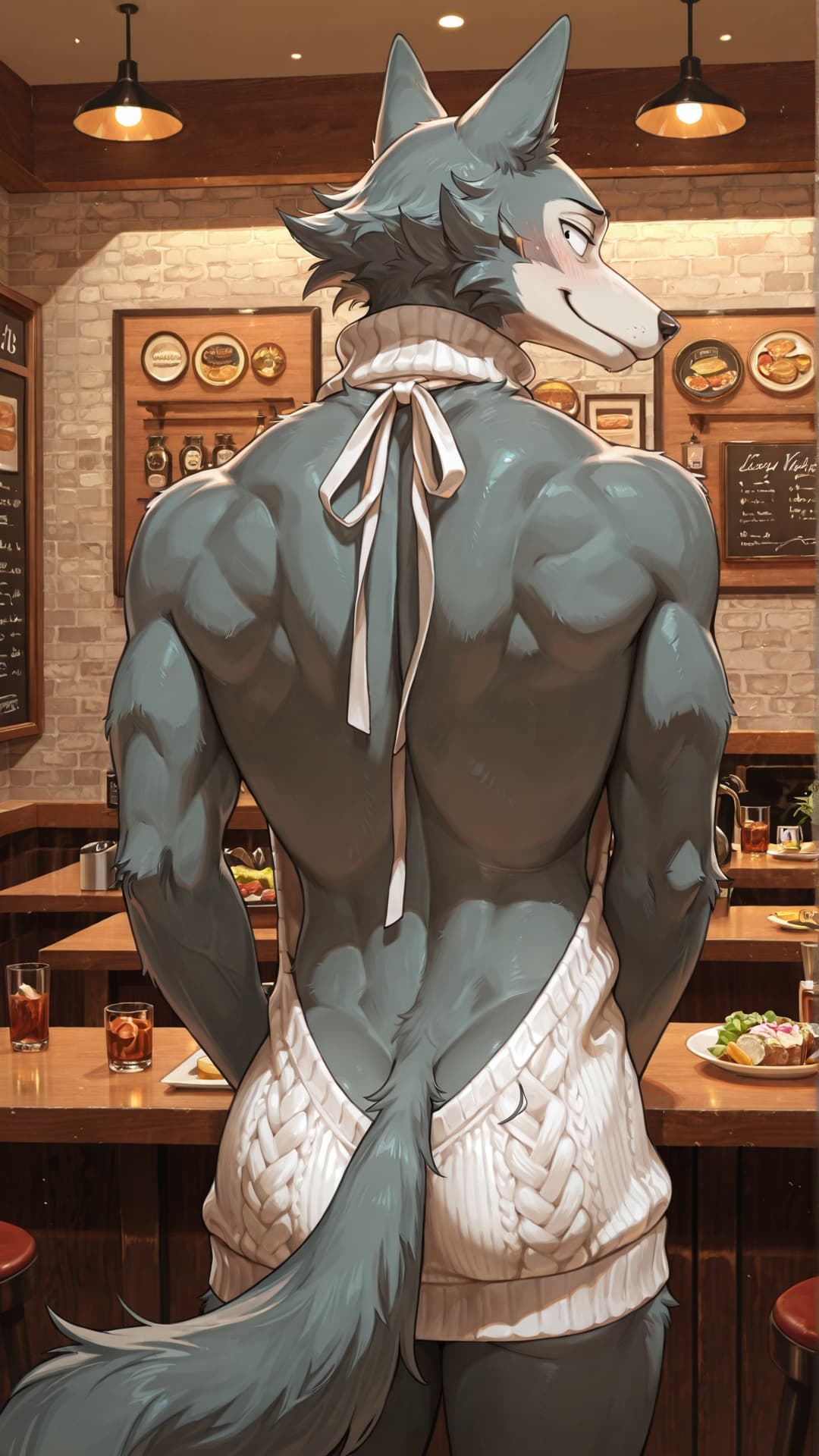 solo, anthro, male, canid, wolf, grey_fur, Beastars, legoshi_(Beastars), standing, restaurant, virgin_killer_sweater, blush, smile,  back, back_muscles, rear_view, looking_at_viewer, 