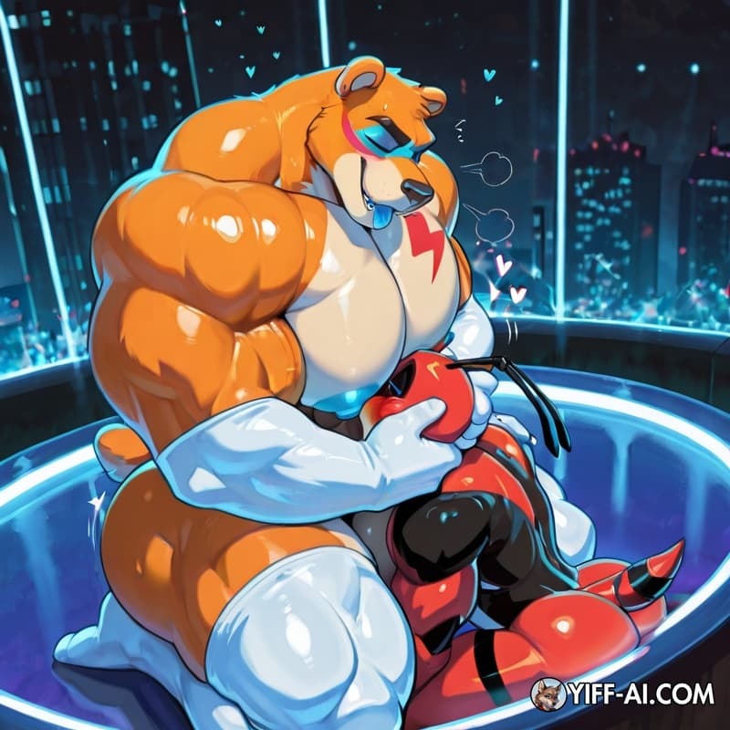 Mature male, huge cleft chin, gay, yaoi, anthro manly Glamrock freddy is steppe daddy, orange body, barazoku, huge muscles, huge pecs, bara tiddies, hyper huge biceps, hyper muscles, submissive prey, 