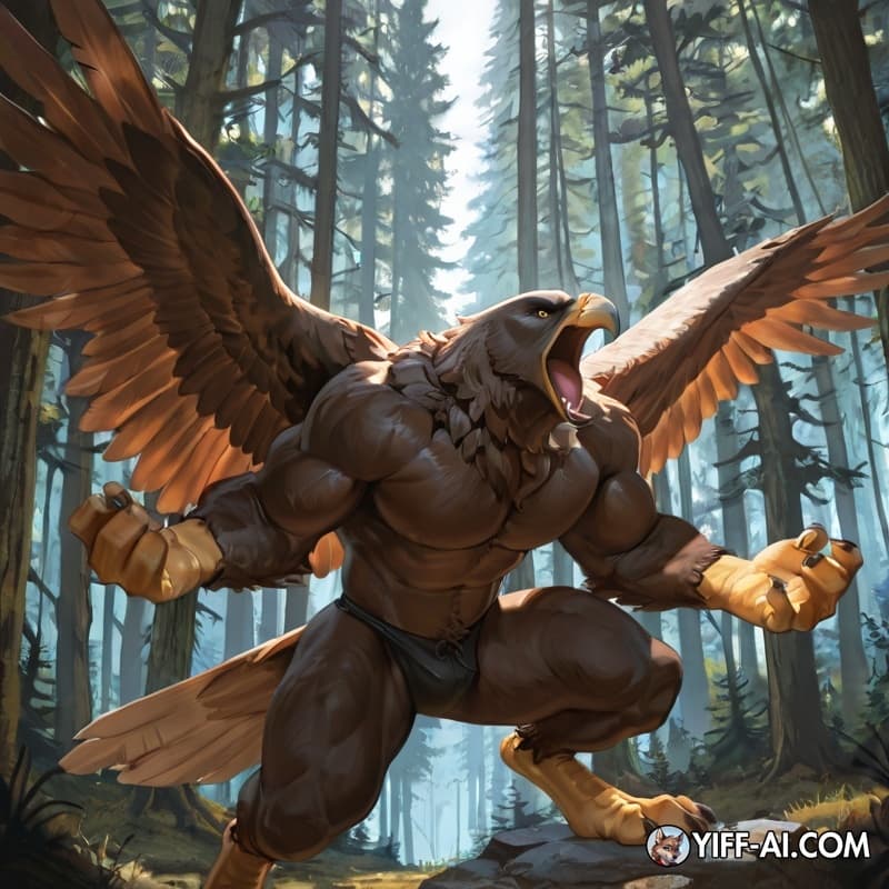 Eagle, muscular_male, feathered_wings, digitigrade, big_feet, big_hands, roaring, forest_background, anthro_on_anthro,
