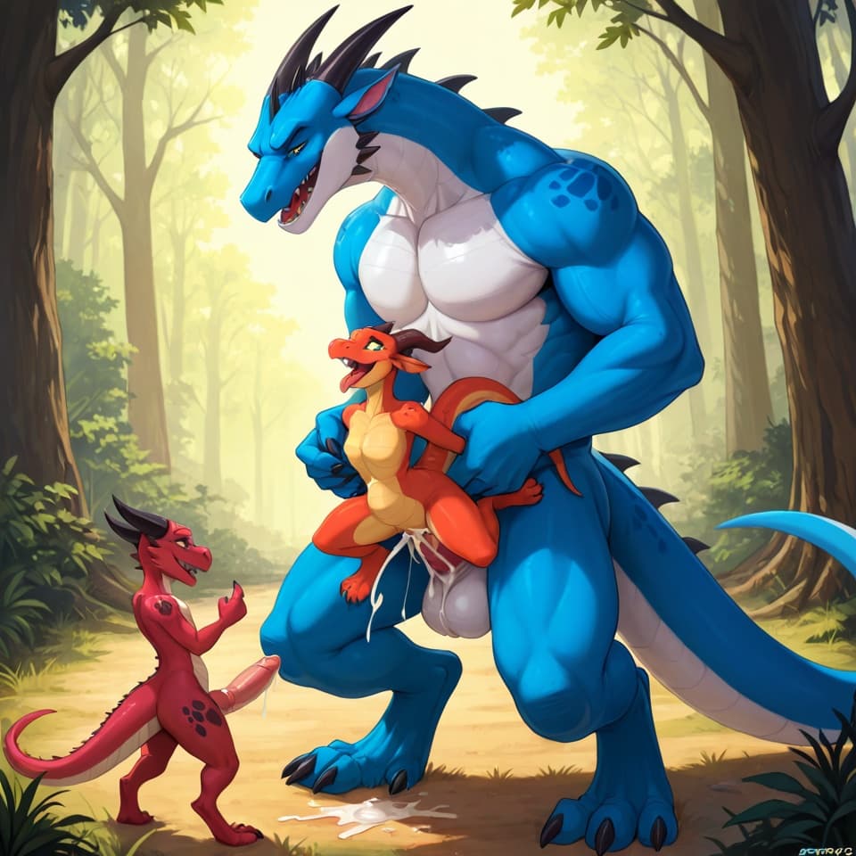trio, dragon, kobold, male, female, larger_male, big_penis, size_difference, nude, vaginal_penetration, living_condom, cum_in_vagina, playful, outside, (feral_penetrating:1.3), (feral_male:1.3), (domi