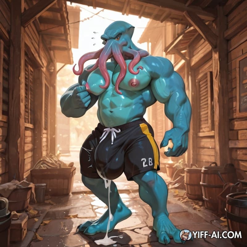 Male mindflayer with four tentacles; shorts, big_bulge, big_feet, standing, full_body, leaking_cum, horny, Hard nipples as thick, vessels big muscle, leaked milk out of nipples, hand stimulating nippl