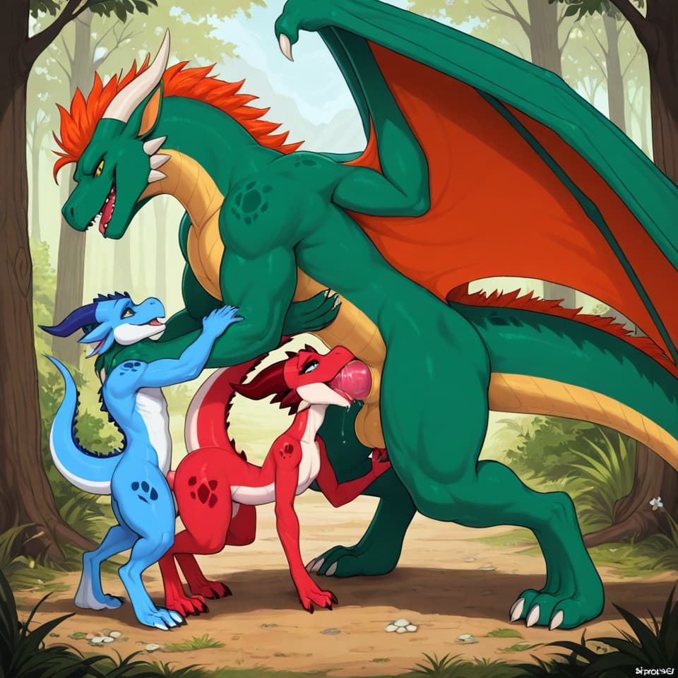 Trio,  (Male dragon blue (feral:1.3)), +(female kobold green (feral:1.3)), +(female kobold red (feral:1.3)) male_penetrating, female_penetrated, fully_inside, size_difference, larger_male, extreme_siz