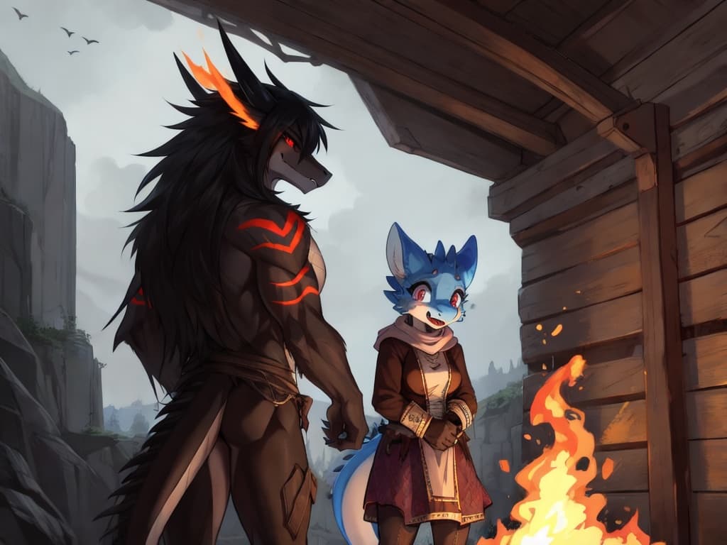 by_kluclew, duo, demonic, anthro, dragon, vantablack_fur, furred_dragon, furry_tail, digitigrade, three_toes, clawed_feet, fire_hair, fire_spine, runic_markings, glowing_markings, glowing_eyes, red_sc