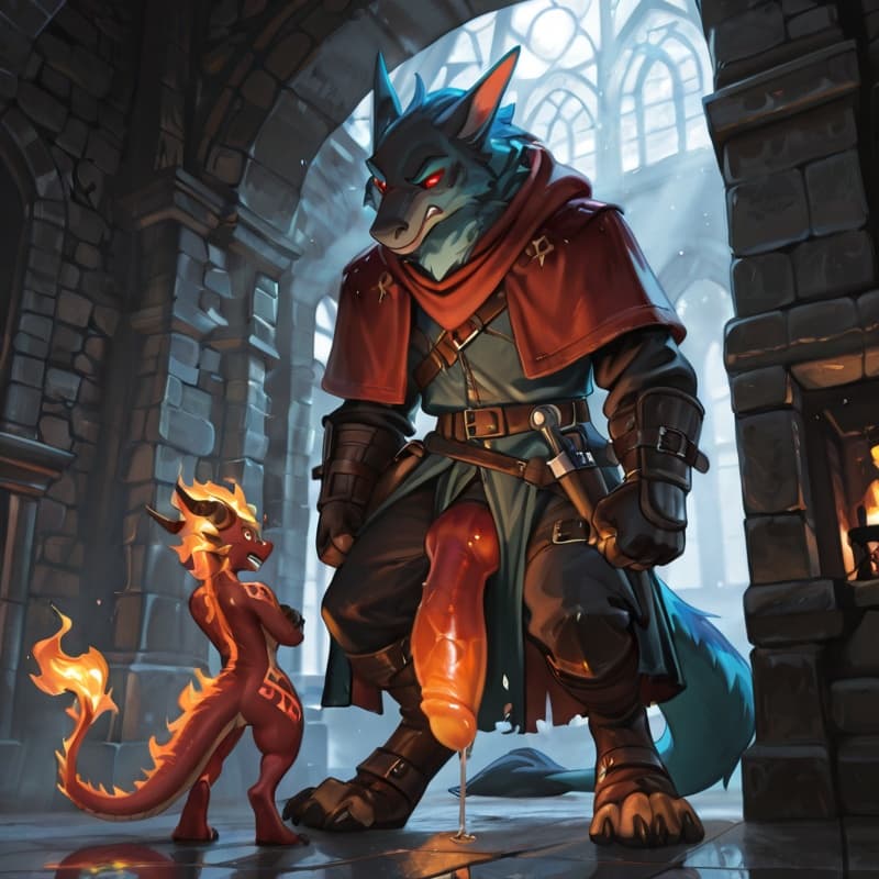 duo, anthro, dragon, kobold, black_fur, blue_fur, furred_dragon, digitigrade, three_toes, clawed_feet, male, female, toned, slender, short, size_difference, standing_up, arms_crossed, grumpy, furious,
