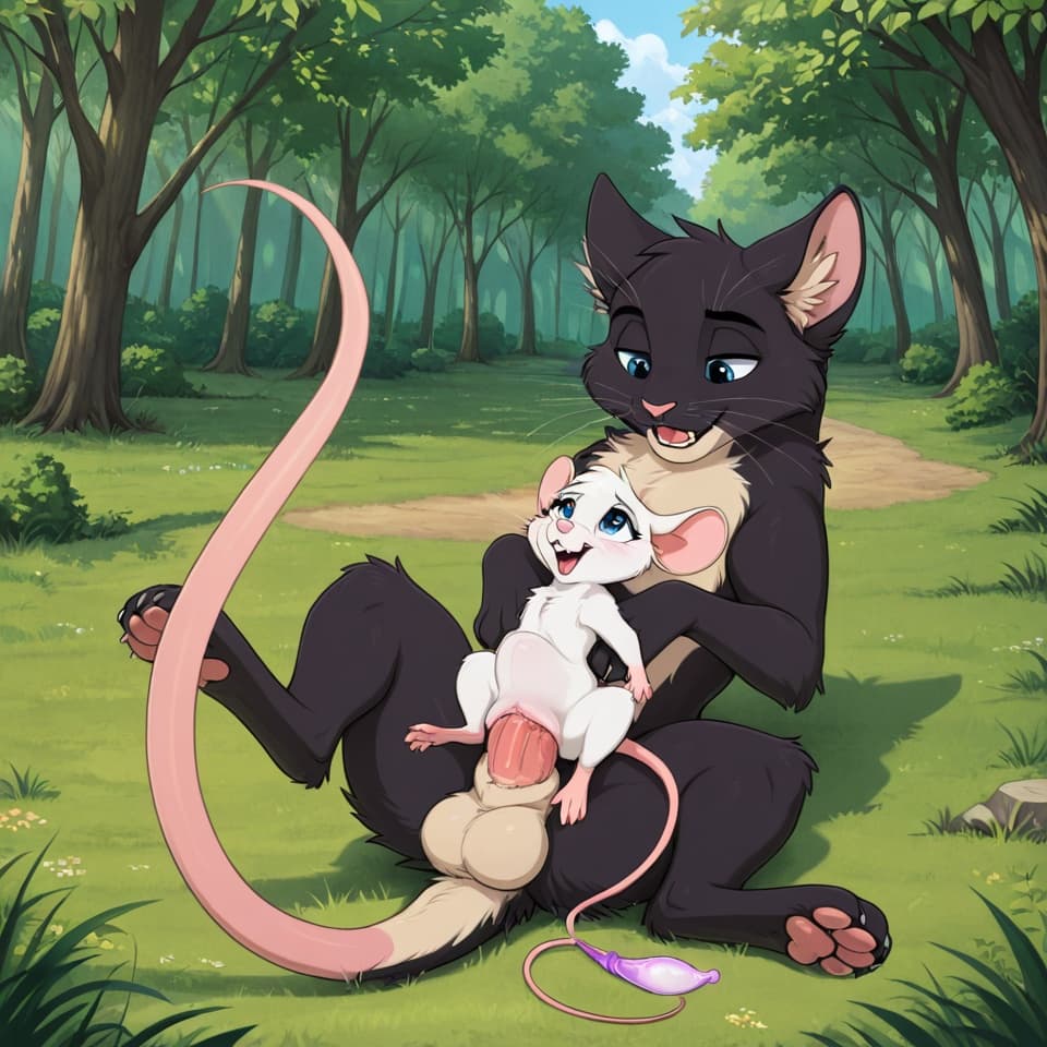 (Male cat, (feral:1.3), humanoid_penis), (female mouse, (feral:1.3)), vaginal_penetration, penetration, feral_on_feral, feral_penetrating_feral, size_difference, larger_male, male_penetrating_female,