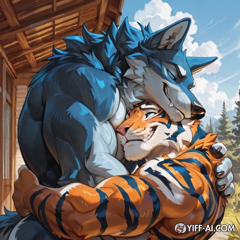 Big muscular wolf, blue eyes, stoic, blue and white fur. Getting fucked by an equal size muscular orange tiger, confident, smiling, loving. surrealism