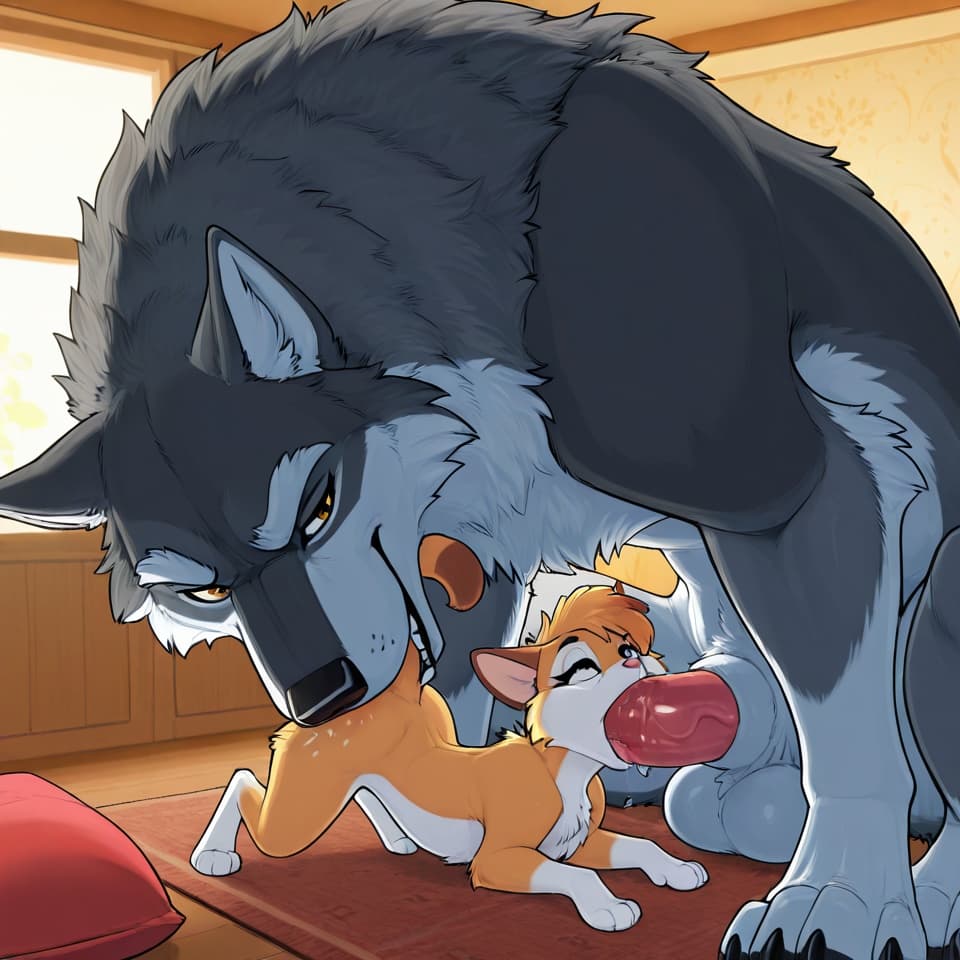 (Male wolf, huge, (feral:1.3), humanoid_penis), (female house_cat, (feral:1.3)), oral_penetration, feral_on_feral, feral_penetrating_feral, size_difference, larger_male, random_position,