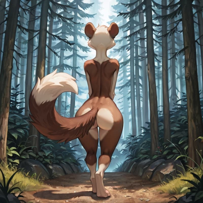 solo, ferret, adorable, male, feminine, skinny, broad_hips, large_bottom, facing_away, tail_lifted, forest_background, full_body