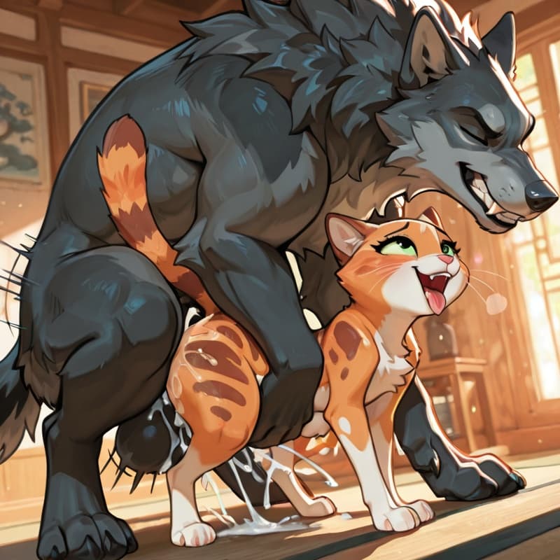  (male wolf squatting) , (female_cat), penetration, (extreme_size_difference:1.3), larger_male, balls_deep,  (playful:1.3), (happy_sex:1.3), (feral_female:1.3), (feral_penetrated:1.3), (vaginal_penetr