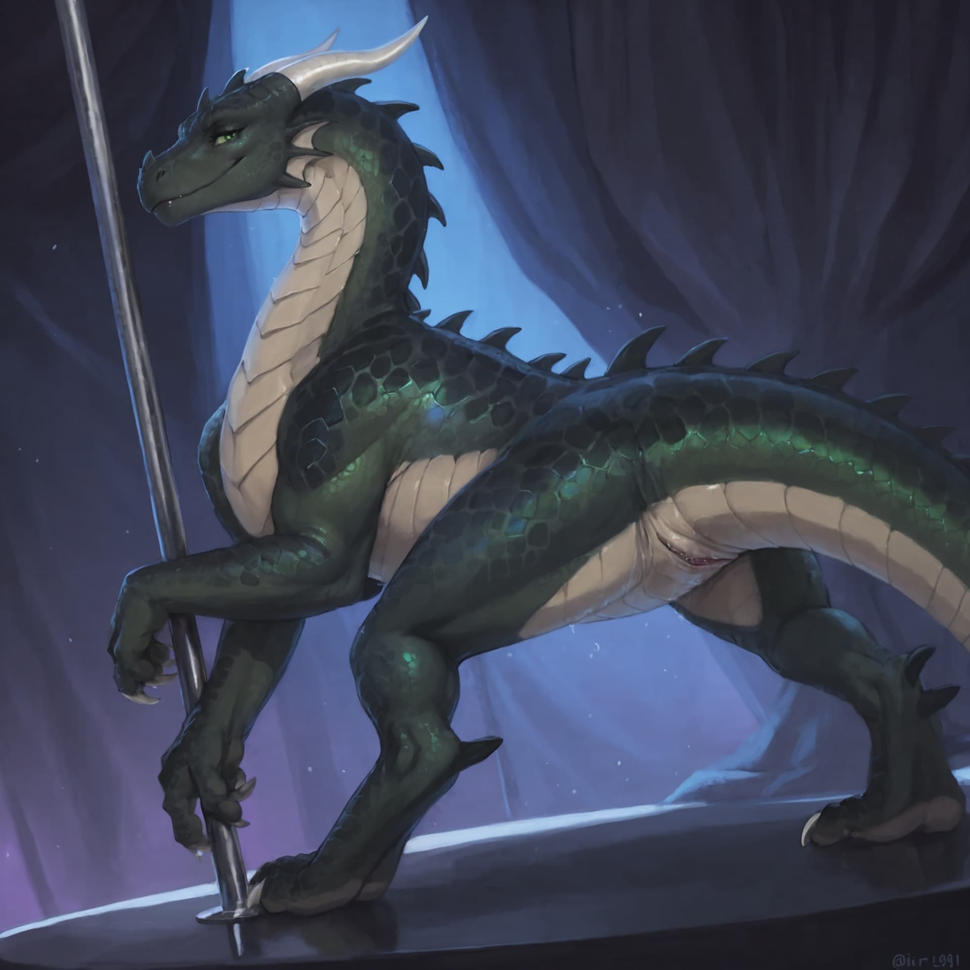 Solo, dragon, feral, quadruped, female, pole_dancing, stripper_pole, presenting_hindquarters, reptilian_genitalia, horizontal_cloaca, genital_fluids, seductive, teasing, iridescent_black_scales, big_e