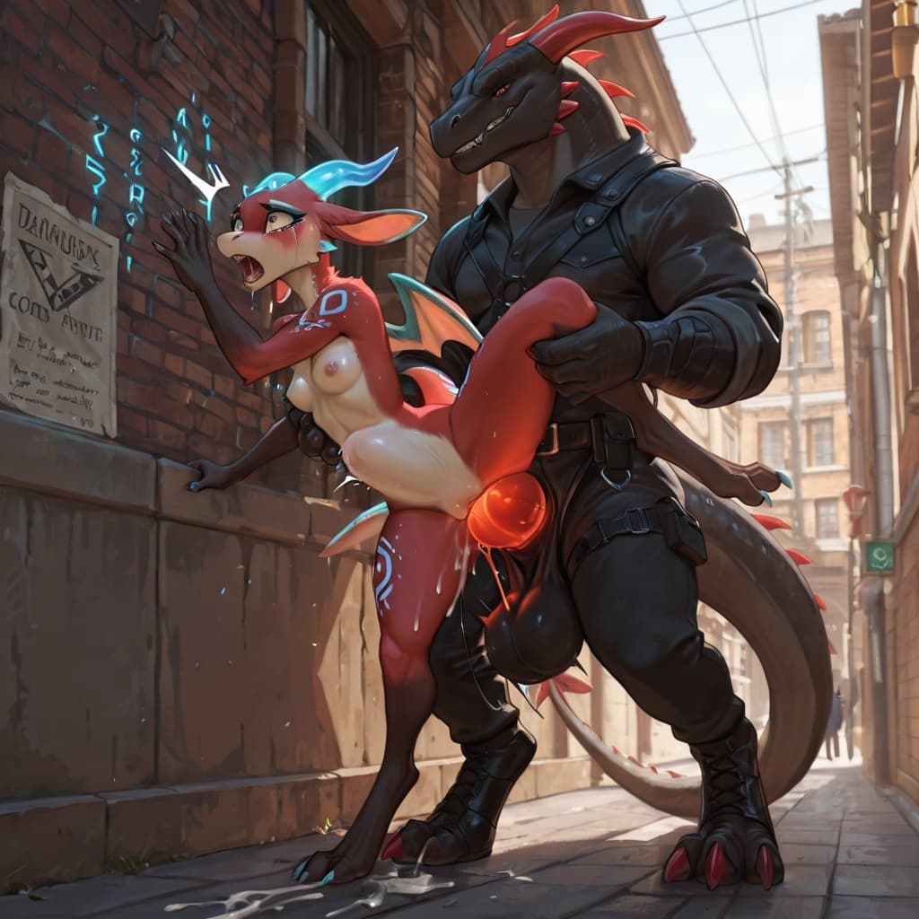 by_sterr, male/female, duo, detailed_fur, female_dragon, female, red_female, small_breasts, breasts, exposed_breasts, exposed_pussy, furred_dragon, digitigrade, three_toes, clawed_feet, dragon_penetra