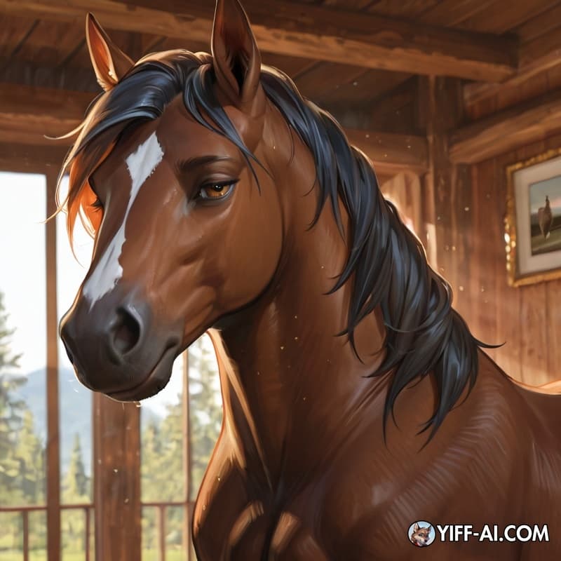 Medium sized realistic male stallion horse that has realistic anatomy and picture view is from under