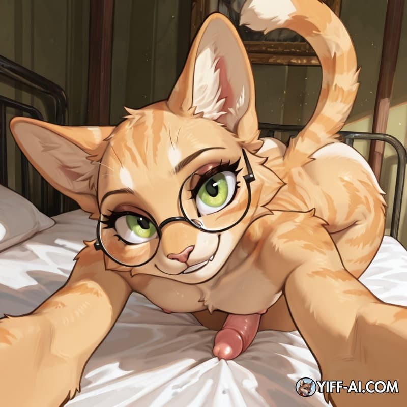 solo, anthro, femboy, domestic_cat, round_glasses, yellow_fur, pale_yellow_fur, green_eyes, feline_penis, pale_pink_penis, bed, reaching_towards_viewer, toothy_smile,