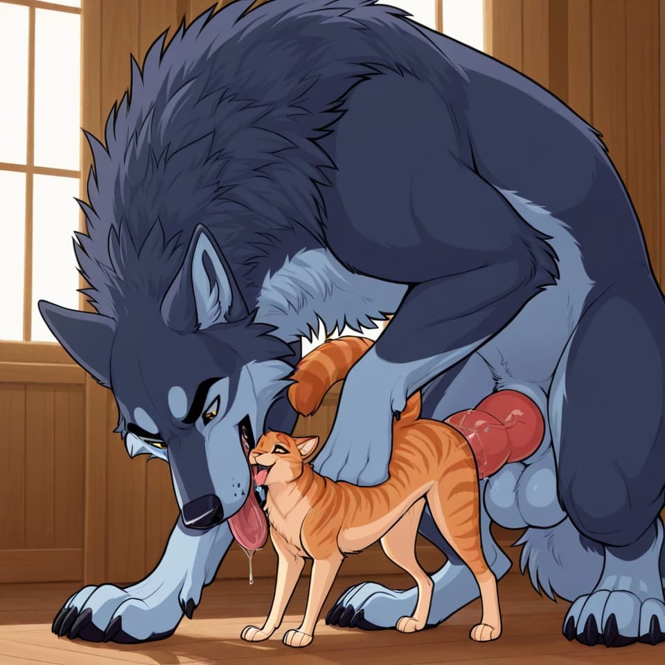 Duo, (Male wolf, huge, (feral:1.3), humanoid_penis), (female house_cat, (feral:1.3)), oral_penetration, feral_on_feral, feral_penetrating_feral, size_difference, larger_male, (female_penetrated:1.3)