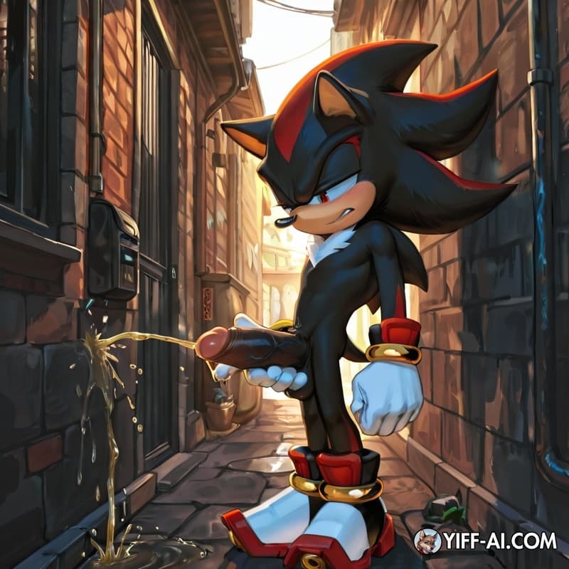 shadow_the_hedgehog, standing, humanoid_penis, erection, alley, pissing_on_wall, urine_stream,