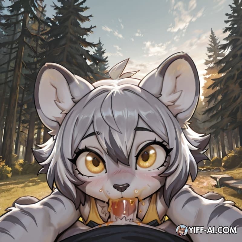 Tiny_Gray_Tiger_female, gray_and_white_mix_long_puff_hair, gray_stripes, honey_yellow_eyes. Female_focus, male_pov, gray_ owl_male,gray_and_white_mix_puff_short_hair, honey_yellow_eyes. Sex, park, ope