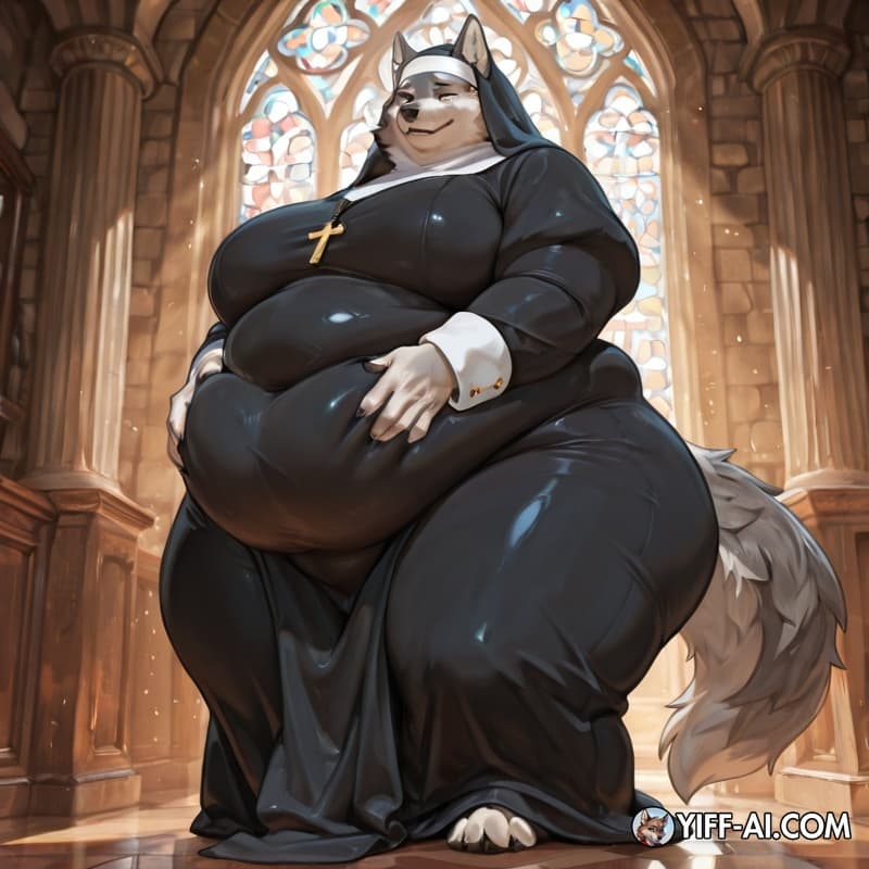 solo, morbidly_obese, anthro, nun_outfit, hyper, fat_rolls, wolf_tail, 