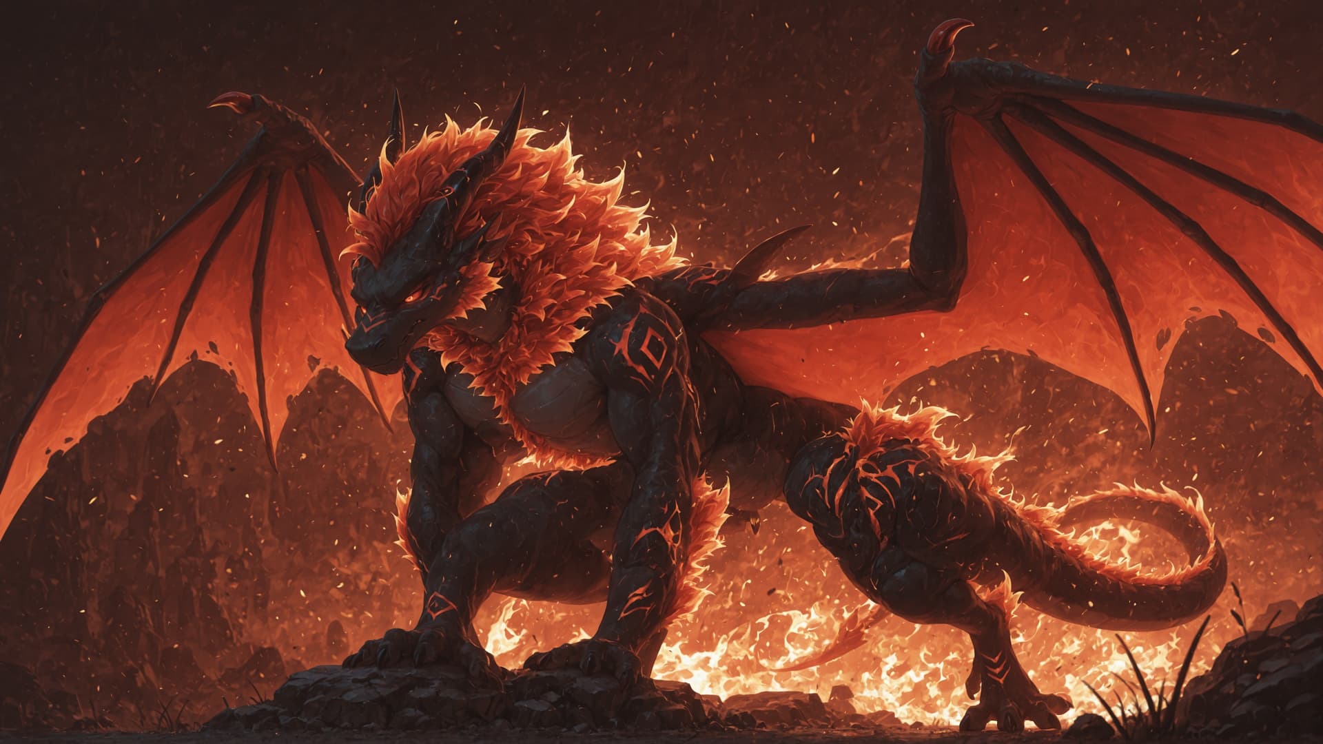 by_ruaidri, solo, demonic, anthro, dragon, furred_dragon, furry_tail, digitigrade, three_toes, clawed_feet, fire_mane, fire_spine, runic_markings, glowing_markings, angry, glowing_eyes, red_sclera, fi