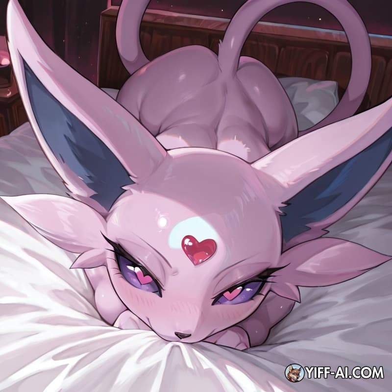 a female espeon laying on her side on a bed looking at the viewer with a  seductive expression. heart_eyes, high-angle_view, 
